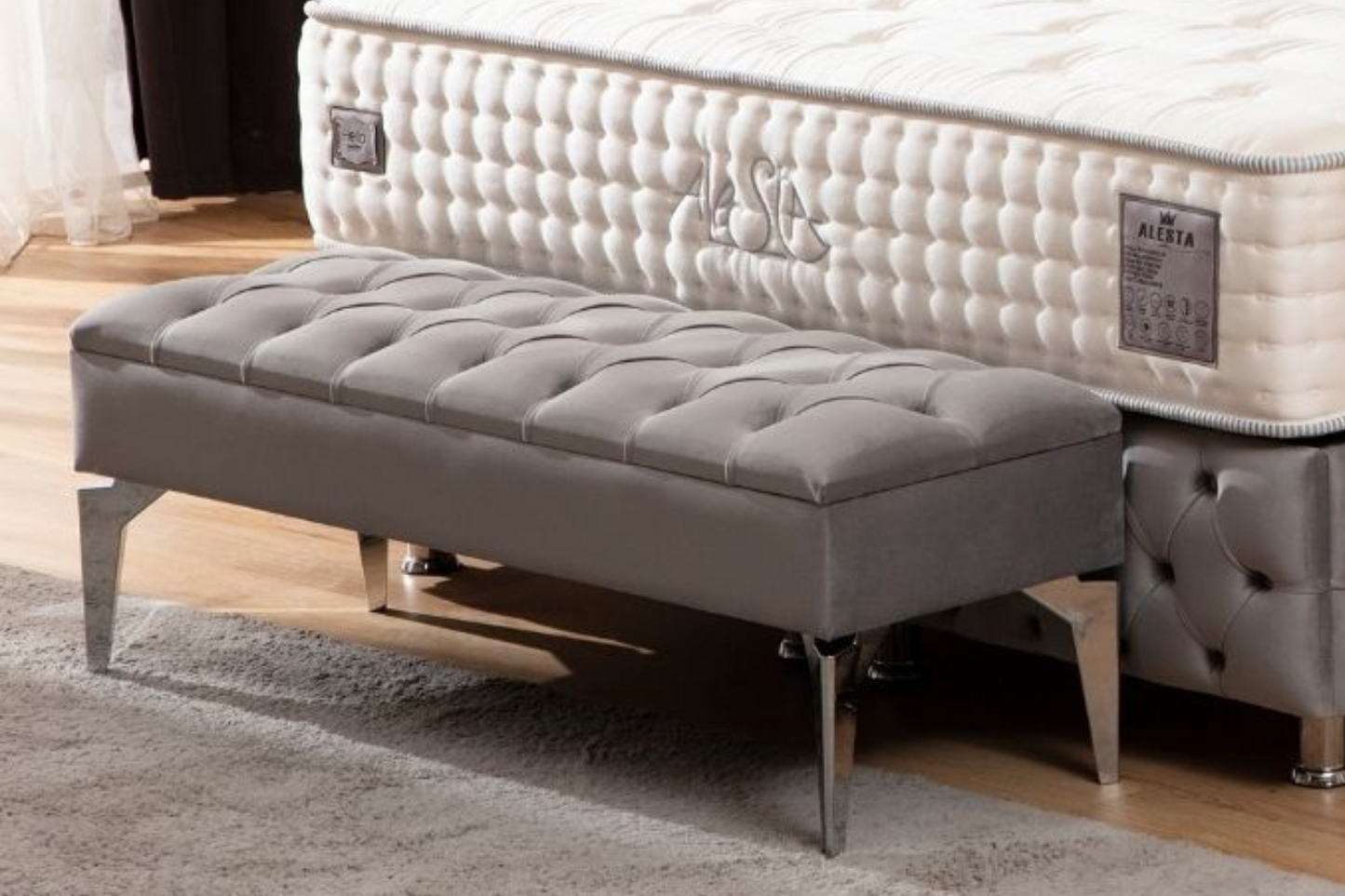 Banquette Coffre CLOUTE Velours Gris