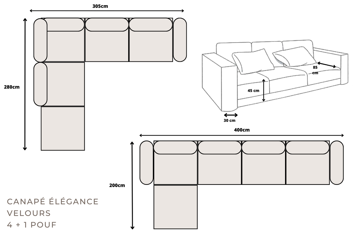 Canapé ELEGANCE Velours Modulable 4+1 Pouf