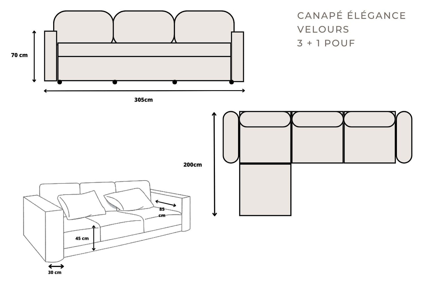 Canapé ELEGANCE Velours Modulable 3+1 Pouf